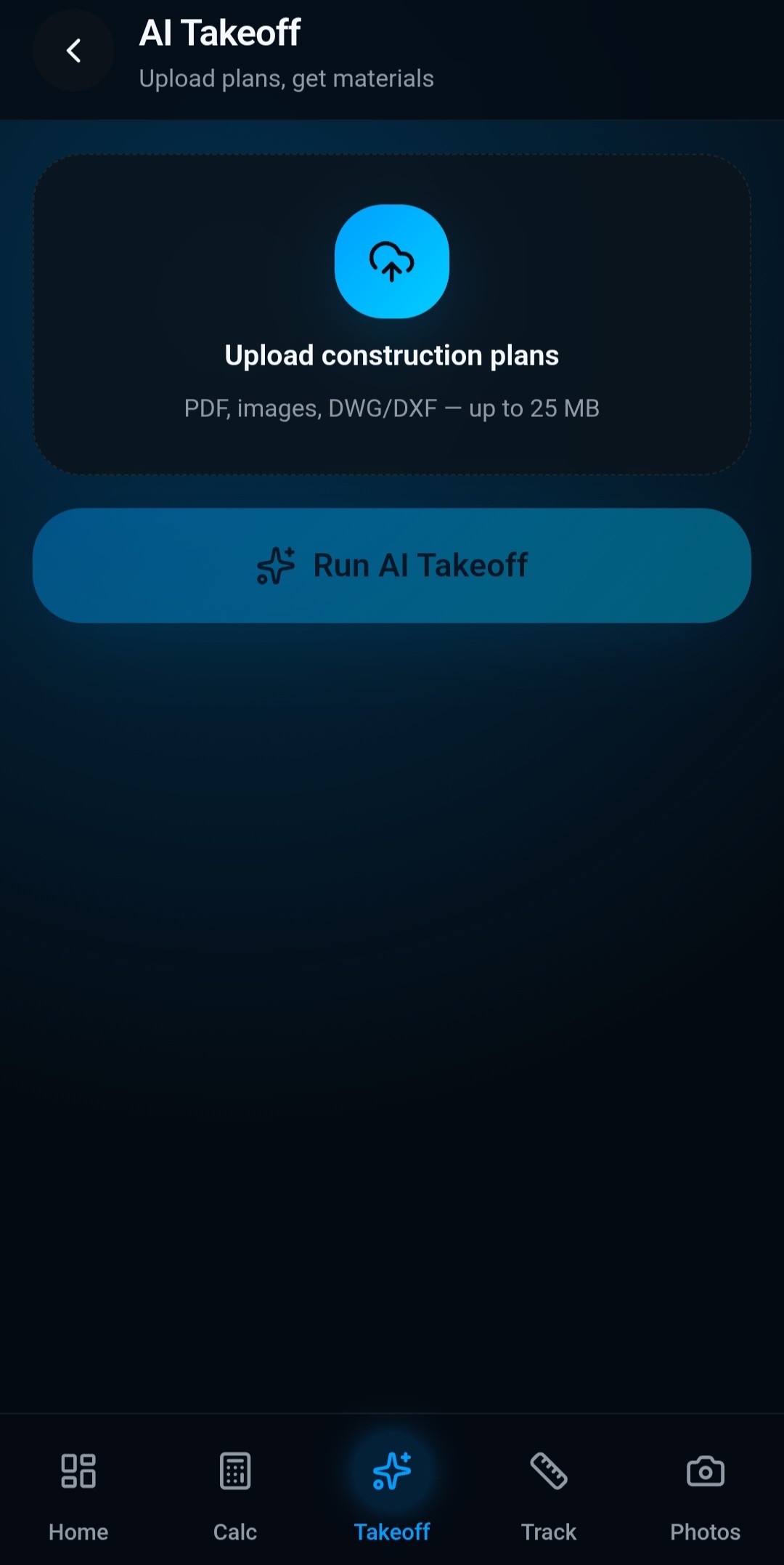 GridFlow AI Takeoff screen — upload construction plans and run an AI-powered takeoff